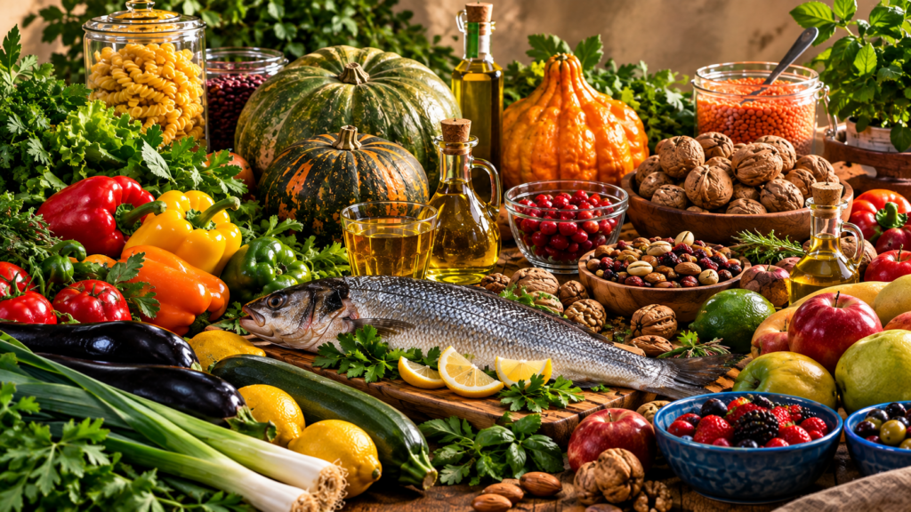 Infografía de la dieta mediterránea con alimentos saludables: aceite de oliva, frutas, verduras, pescado, legumbres y cereales, guía de alimentación saludable en Santa Fe